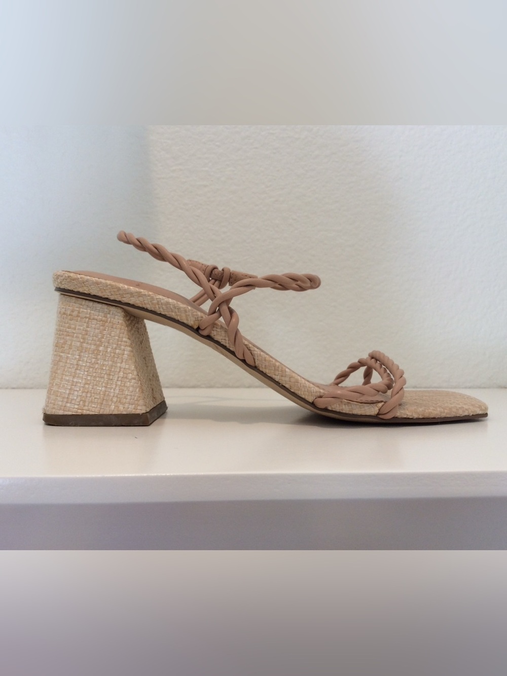 Marc Fisher Twisted-Strap Beige Block Heel Linen Sandals - Size 5.5